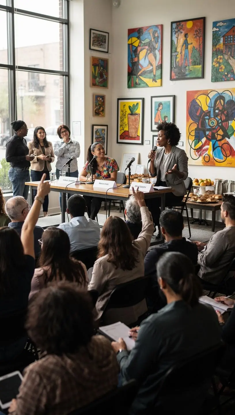 Urban neighborhood scene in a Canadian city showcasing local businesses and residents interacting